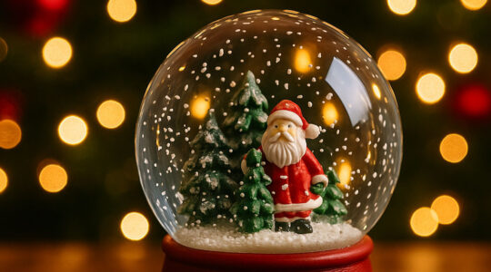 Photo réaliste d’une boule à neige de Noël en verre posée sur une table devant un sapin décoré de guirlandes lumineuses et de boules rouges et dorées, atmosphère chaleureuse et magique.