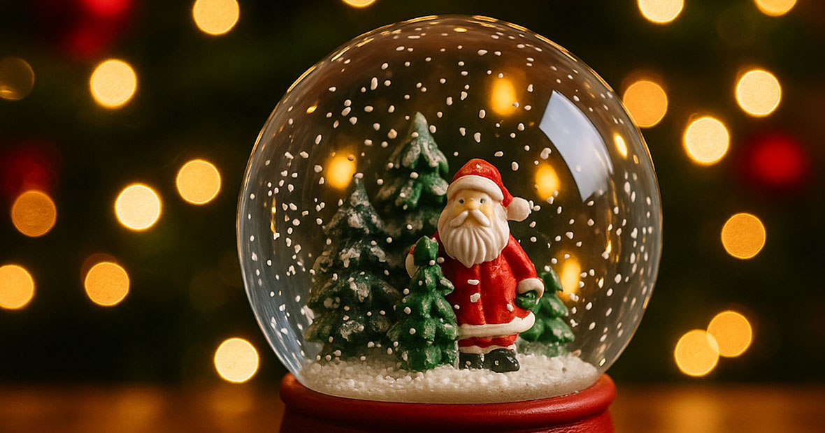 Photo réaliste d’une boule à neige de Noël en verre posée sur une table devant un sapin décoré de guirlandes lumineuses et de boules rouges et dorées, atmosphère chaleureuse et magique.
